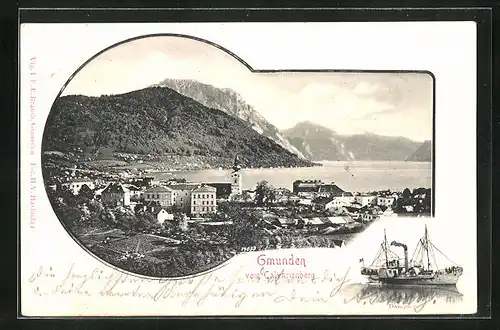 AK Gmunden, Panorama vom Calvarienberg und Dampfer