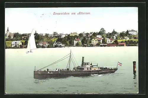 AK Seewalchen am Attersee, Dampfer und Segelboot auf dem See