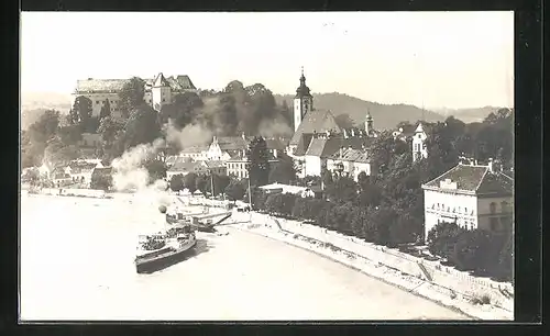 AK Grein a. d. Donau, Ortspartie am Fluss mit Dampfer