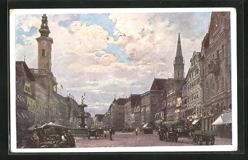Künstler-AK Steyr, Passanten am Marktplatz