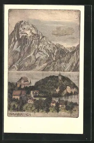 Künstler-AK Traunkirchen, Ortsansicht und Bergkette