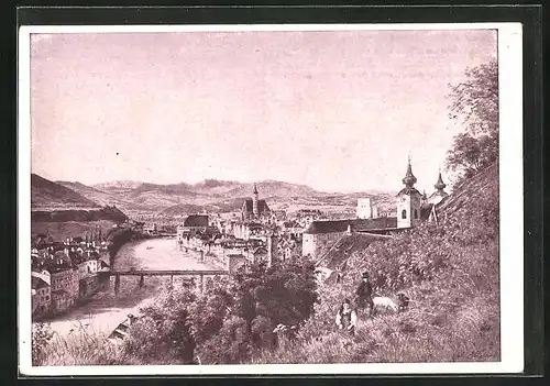 Künstler-AK Steyr, Teilansicht vom Hügel aus
