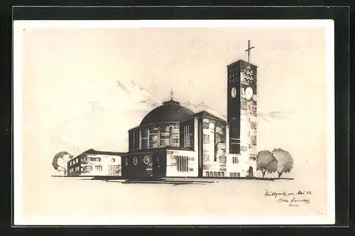 Künstler-AK Bludenz, HI. Kreuzkirche, Entwurf von Architekt Otto Linder