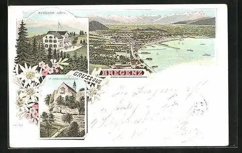 Lithographie Bregenz am Bodensee, Hotel Pfänder, St. Gebhardskapelle, Panorama