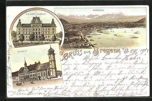 Lithographie Bregenz, Rathaus, Post Gebäude, Panorama