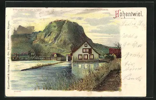 Lithographie Singen, Burg Hohentwiel, Halt gegen das Licht, Vollmondnacht