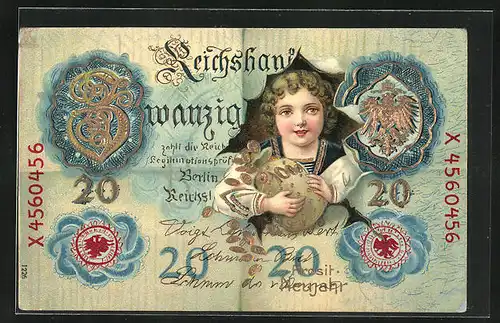 Präge-AK Zwanzig Mark Banknote, Mädchen mit Geldsack