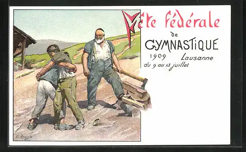 Lithographie Lausanne, Fête fédérale de Gymnastique 1909, Vater wohnt seinen ringenden Söhnen bei