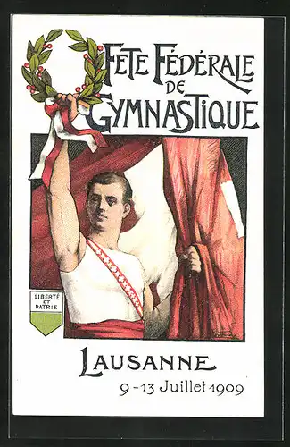 AK Lausanne, Fete-Fédérale de Gymnastique 1909, Turner mit schweizer Fahne