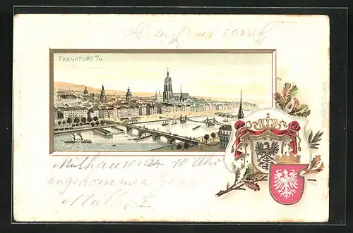 Passepartout-Lithographie Frankfurt /Main, Totalansicht mit Kirche, Wappen