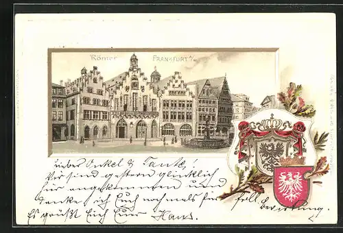 Passepartout-Lithographie Alt-Frankfurt, Römer mit Brunnen, Wappen