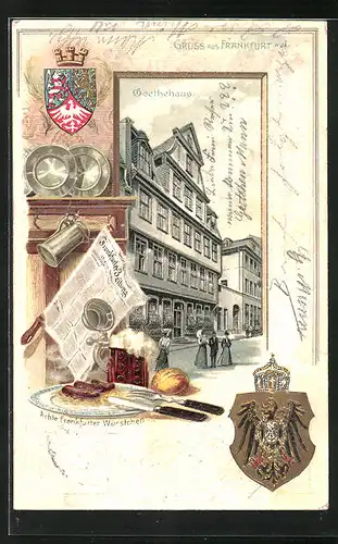 Passepartout-Lithographie Frankfurt a. M., Goethehaus, Frankfurter Würstchen, Wappen