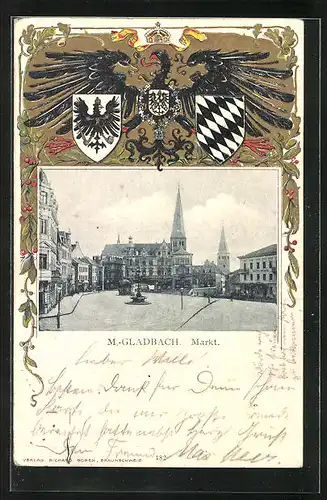 Passepartout-Lithographie M. Gladbach, Marktplatz, Wappen