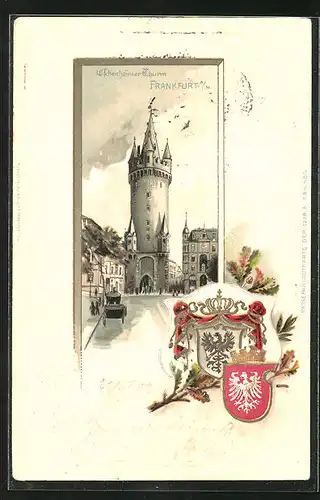 Passepartout-Lithographie Frankfurt a. M., Eschenheimer Thurm, Wappen
