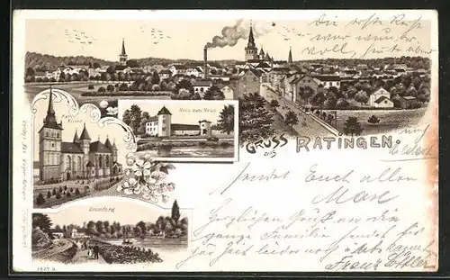 Lithographie Ratingen, Haus zum Haus, Kath. Kirche, Cromford