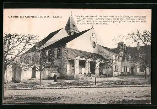 AK Saulx-les-Chartreux, L`Eglise, Pfarrer vor seiner Kirche