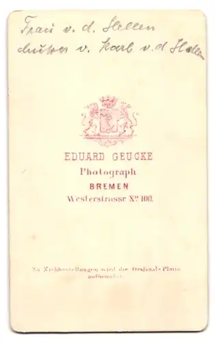 Fotografie Eduard Geucke, Bremen, Westerstr. 100, Portrait Mutter des Malers Carl von der Hellen