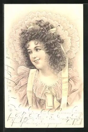 Lithographie Mädchen mit lockigem Haar und Hut, Jugendstil