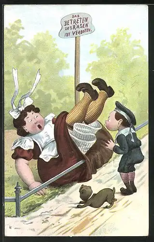 Künstler-AK Knabe erhascht Blick auf Unterrock seines Kindermädchens, Erotik