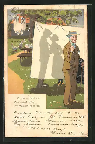 AK Mann bemerkt Mann und Frau bei einem Stelldichein an der Wäsche Leine, Erotik