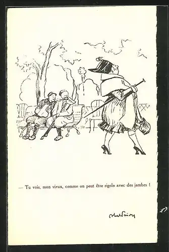 Künstler-AK Männer schauen Kurviger Dame hinterher, frauenfeindlicher Humor