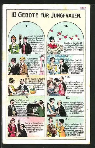 AK 10 Gebote für Jungfrauen, frauenfeindlicher Humor