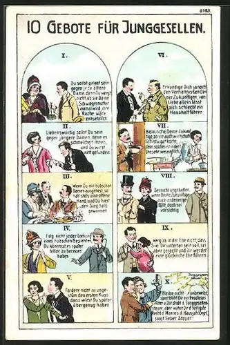 AK 10 Gebote für Jungesellen, frauenfeindlicher Humor