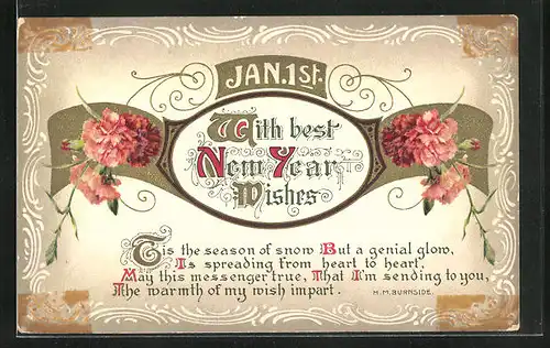 AK Neujahrsgruss mit Blumen und Ornamenten