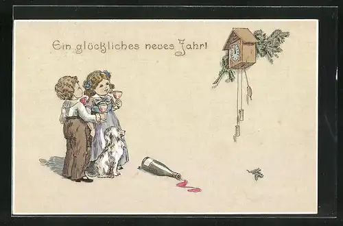 Künstler-AK Neujahrsgruss, Kinder warten auf den Kuckuck
