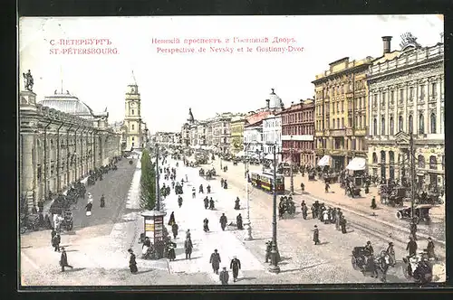 AK St. Pétersbourg, Perspective de Nevsky et le Gostinny-Dvor, Strassenbahn