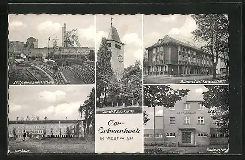 AK Oer-Erkenschwick in Westfalen, Kohlezeche Ewald Fortsetzung, Bücherei und Kreissparkasse, Badeanstalt