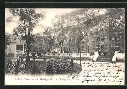 AK Essen, Nördliche Terrasse mit Musikpavillon im Stadtgarten