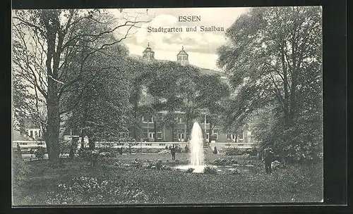 AK Essen, Stadtgarten und Saalbau mit Fontäne