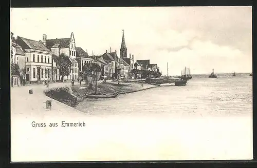 AK Emmerich, Uferpartie mit Kirche