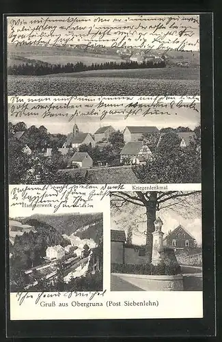 AK Obergruna, Kriegerdenkmal, Hammerwerk, Panorama