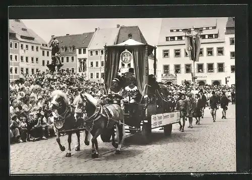 AK Freiberg, 800-Jahr-Feier, Umzugswagen mit der Stadthierarchie