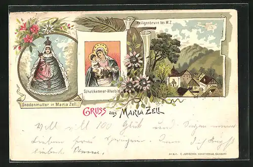 Lithographie Maria Zell, Heiligenbrunn, Schatzkammer-Altarbild, Gnadenmutter