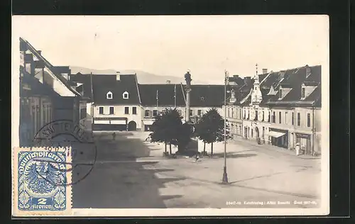 AK Knittelfeld, Platz mit Geschäften und Denkmal