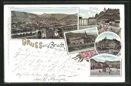 Lithographie Bruck, Pius-Institut, Schlossberg, Schulhaus