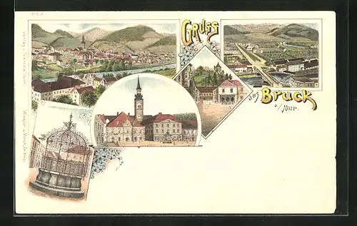 Lithographie Bruck a. Mur, Uferpartie mit Brücke, Brunnen, Ortspartie