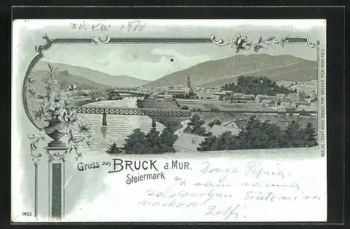 Lithographie Bruck a. Mur, Teilansicht mit Brücke