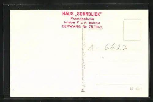 AK Berwang, Fremdenheim - Hotel Sonnblick, F. u. H. Baldauf