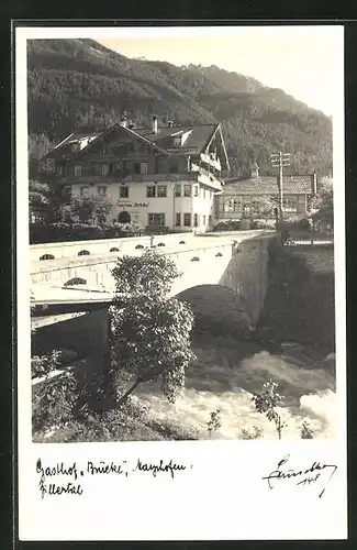 AK Mayrhofen, Gasthof Brücke am tosendem Fluss