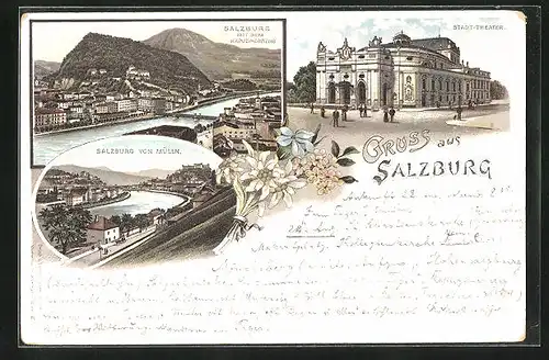 Lithographie Salzburg, Stadttheater, Blick von Mülln mit dem Kapuzinerberg