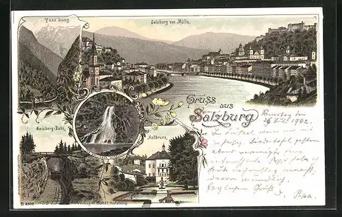 Lithographie Salzburg, Blick von Mülln, Hellbrunn, Gaisbergbahn