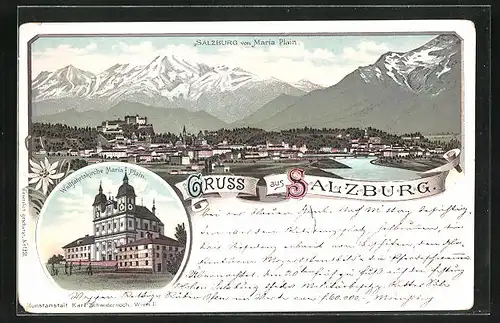 Lithographie Salzburg, Wallfahrtskirche Maria Plain, Totalansicht