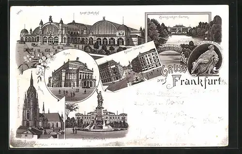 Vorläufer-Lithographie Frankfurt a. M., 1895, Dom, Oper, Schützenbrunnen