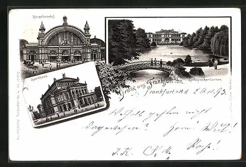 Vorläufer-Lithographie Frankfurt a. M., 1893, Zoologischer Garten, Hauptbahnhof, Opernhaus