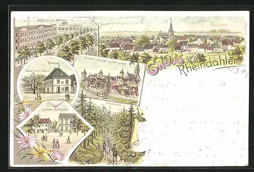 Lithographie Rheindahlen, Teilansicht mit Haus Sittard, Dalen als Festung im 16. Jahrhundert, Grosser Marktplatz