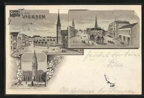 Lithographie Viersen, Remigius-Platz, Neumarkt, Kaiser- u. Kriegerdenkmal